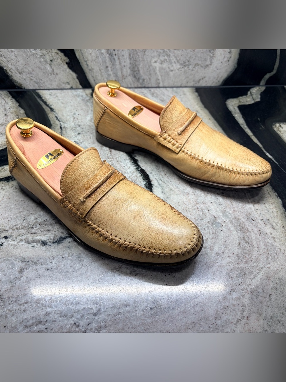 Santoni Handmade Penny Loafers  Beige Sand Leather Driving Shoes US 9.5 UK 8.5
